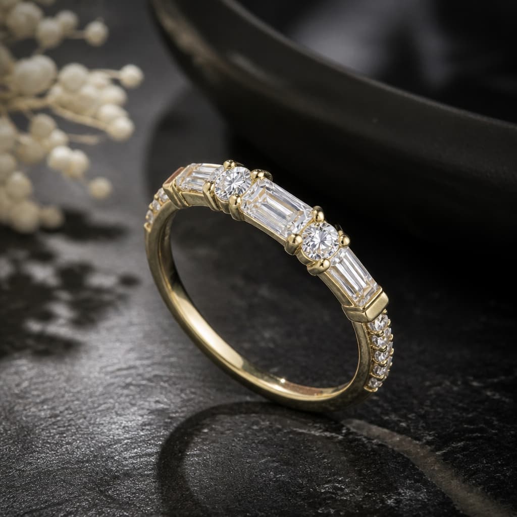 Classic Yellow Gold Baguette & Round Cut White Sapphire Half Eternity Wedding Band For Women