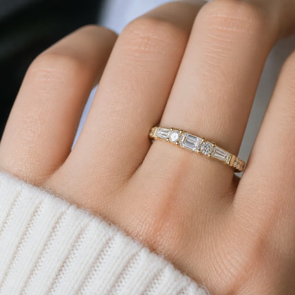 Classic Yellow Gold Baguette & Round Cut White Sapphire Half Eternity Wedding Band For Women