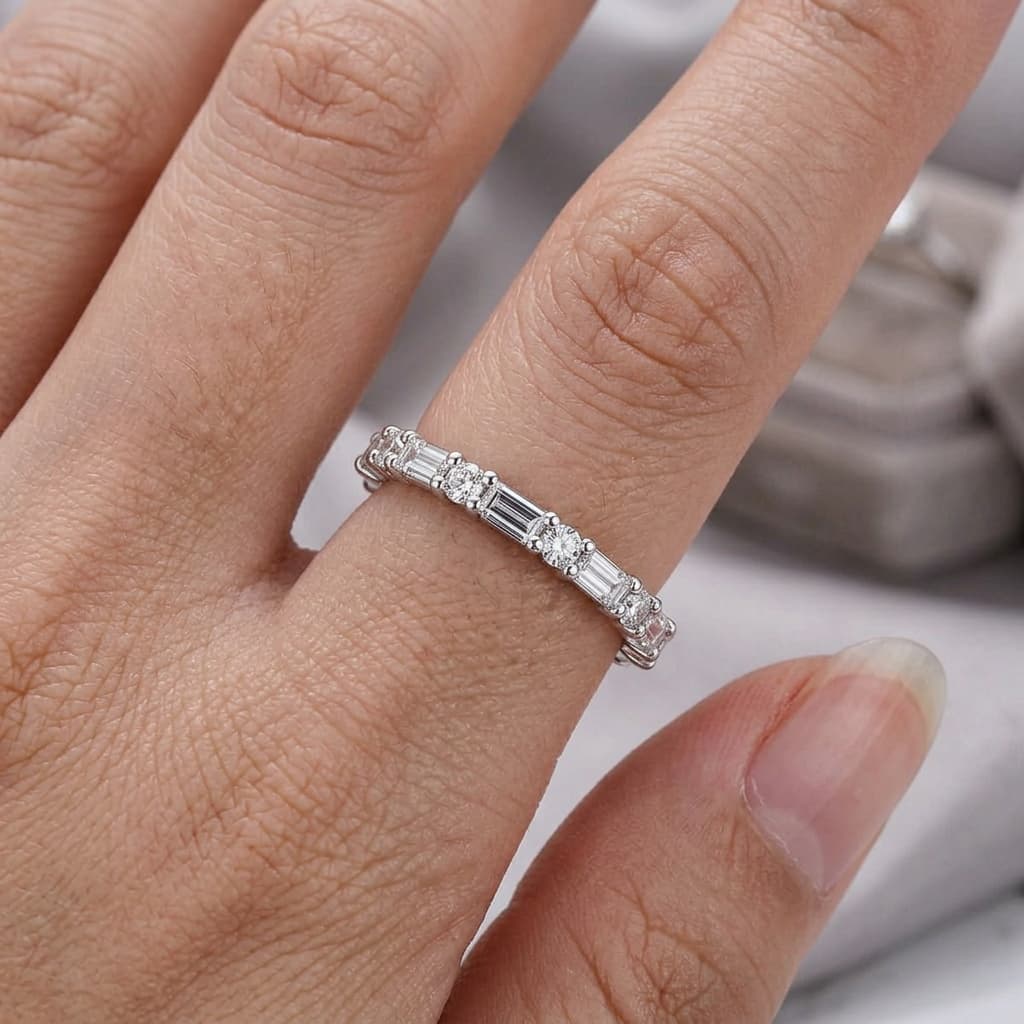 Classic Round & Baguette Cut White Sapphire Eternity Wedding Band For Women