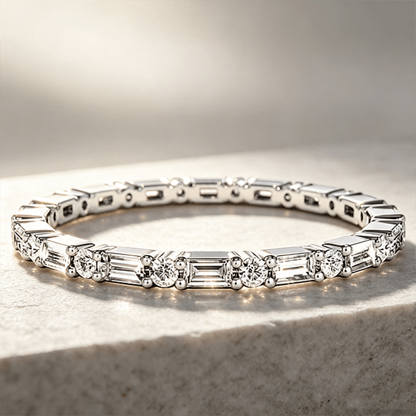 Classic Round & Baguette Cut White Sapphire Eternity Wedding Band For Women