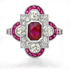 Vintage Art Deco Halo Emerald Cut Ruby Sapphire Engagement Ring