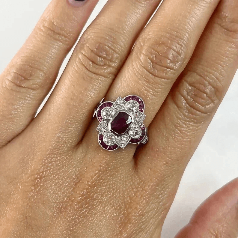 Vintage Art Deco Halo Emerald Cut Ruby Sapphire Engagement Ring