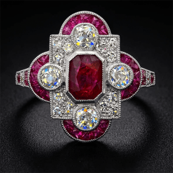 Vintage Art Deco Halo Emerald Cut Ruby Sapphire Engagement Ring