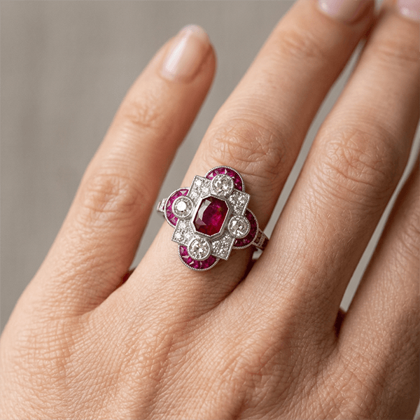 Vintage Art Deco Halo Emerald Cut Ruby Sapphire Engagement Ring