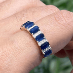 Vintage Yellow Gold Emerald Cut Blue Sapphire Half Eternity Wedding Band For Women
