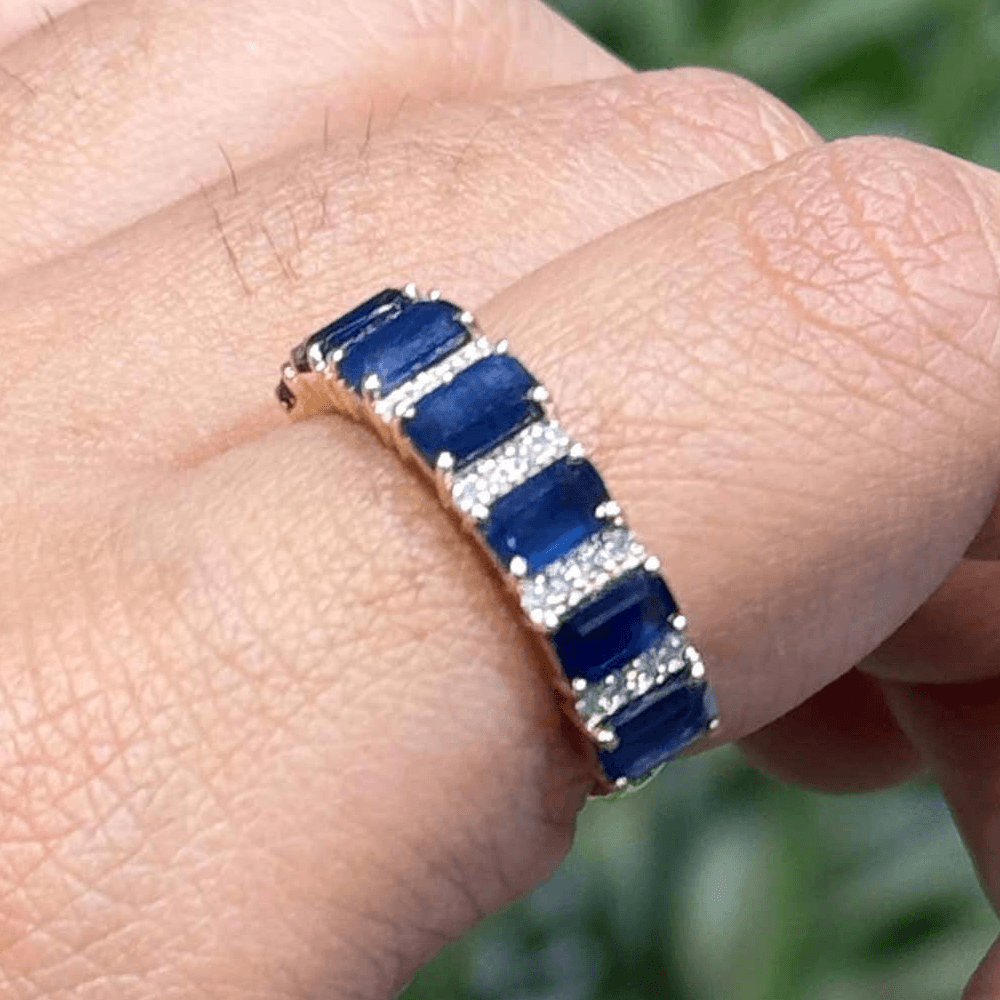 Vintage Yellow Gold Emerald Cut Blue Sapphire Half Eternity Wedding Band For Women