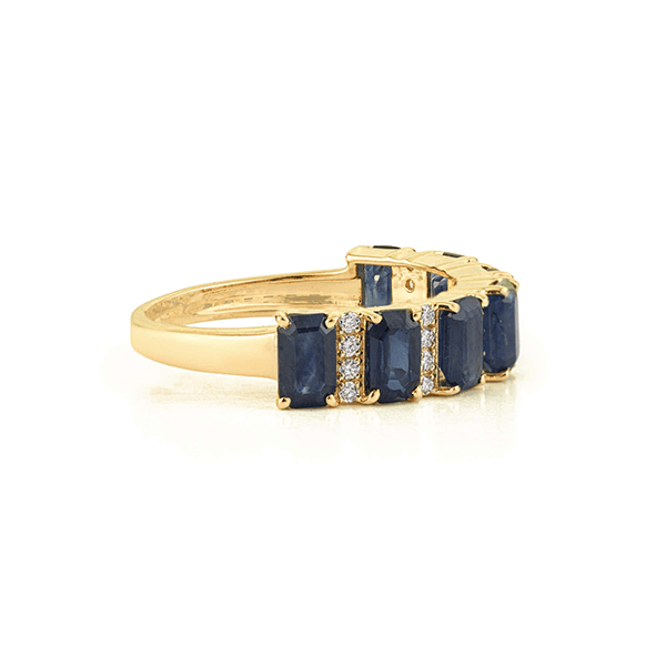 Vintage Yellow Gold Emerald Cut Blue Sapphire Half Eternity Wedding Band For Women