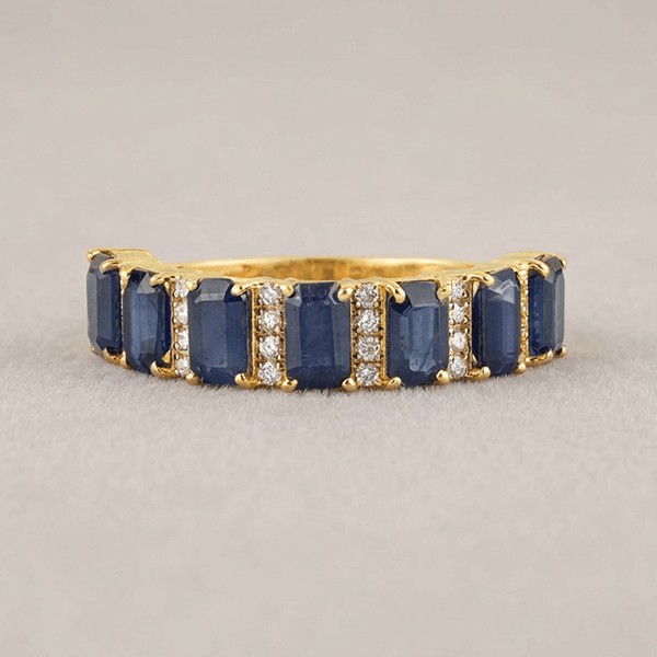 Vintage Yellow Gold Emerald Cut Blue Sapphire Half Eternity Wedding Band For Women