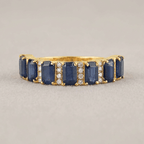 Vintage Yellow Gold Emerald Cut Blue Sapphire Half Eternity Wedding Band For Women