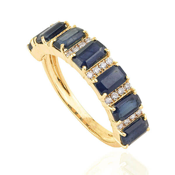 Vintage Yellow Gold Emerald Cut Blue Sapphire Half Eternity Wedding Band For Women