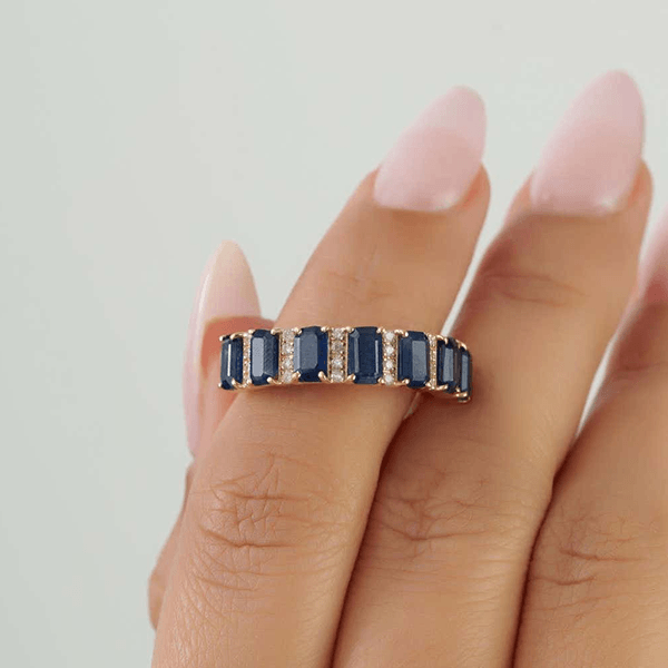 Vintage Yellow Gold Emerald Cut Blue Sapphire Half Eternity Wedding Band For Women