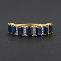 Vintage Yellow Gold Emerald Cut Blue Sapphire Half Eternity Wedding Band For Women