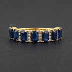 Vintage Yellow Gold Emerald Cut Blue Sapphire Half Eternity Wedding Band For Women