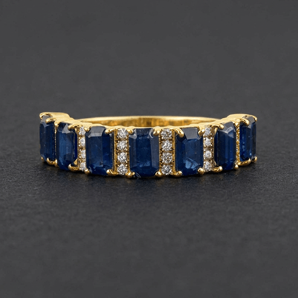 Vintage Yellow Gold Emerald Cut Blue Sapphire Half Eternity Wedding Band For Women