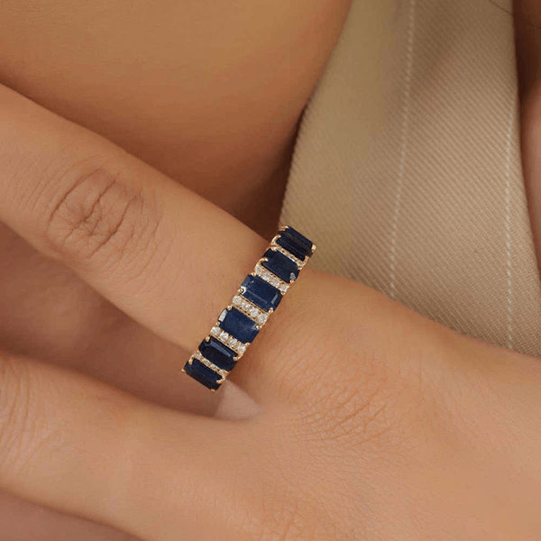 Vintage Yellow Gold Emerald Cut Blue Sapphire Half Eternity Wedding Band For Women
