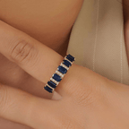Vintage Yellow Gold Emerald Cut Blue Sapphire Half Eternity Wedding Band For Women