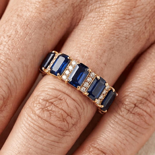 Vintage Yellow Gold Emerald Cut Blue Sapphire Half Eternity Wedding Band For Women
