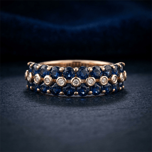 Vintage Triple Row Round Cut Blue & White Sapphire Half Eternity Wedding Band For Women