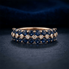 Vintage Triple Row Round Cut Blue & White Sapphire Half Eternity Wedding Band For Women