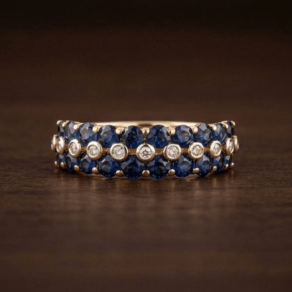 Vintage Triple Row Round Cut Blue & White Sapphire Half Eternity Wedding Band For Women