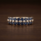 Vintage Triple Row Round Cut Blue & White Sapphire Half Eternity Wedding Band For Women