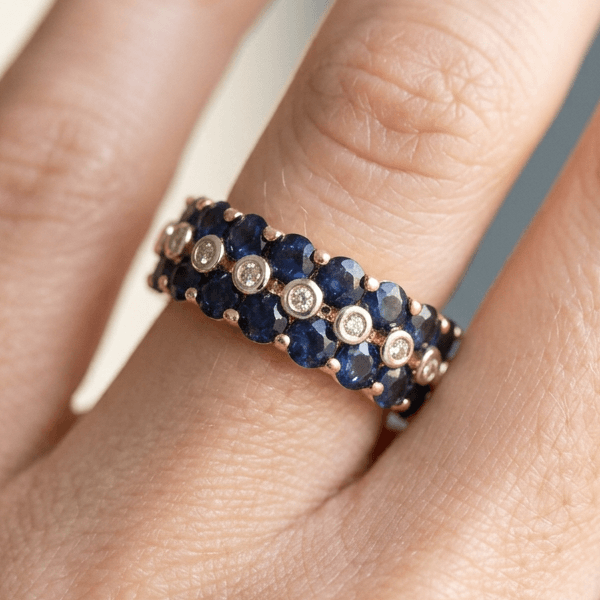 Vintage Triple Row Round Cut Blue & White Sapphire Half Eternity Wedding Band For Women