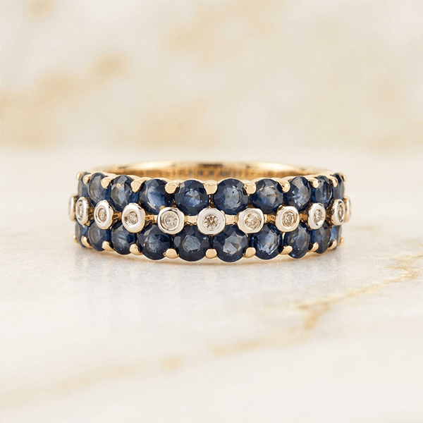 Vintage Triple Row Round Cut Blue & White Sapphire Half Eternity Wedding Band For Women