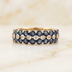 Vintage Triple Row Round Cut Blue & White Sapphire Half Eternity Wedding Band For Women