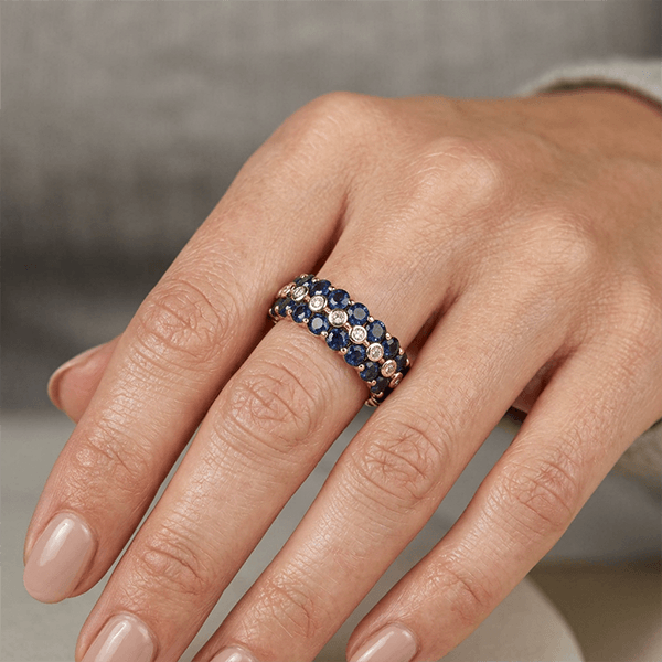 Vintage Triple Row Round Cut Blue & White Sapphire Half Eternity Wedding Band For Women