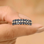 Vintage Triple Row Round Cut Blue & White Sapphire Half Eternity Wedding Band For Women