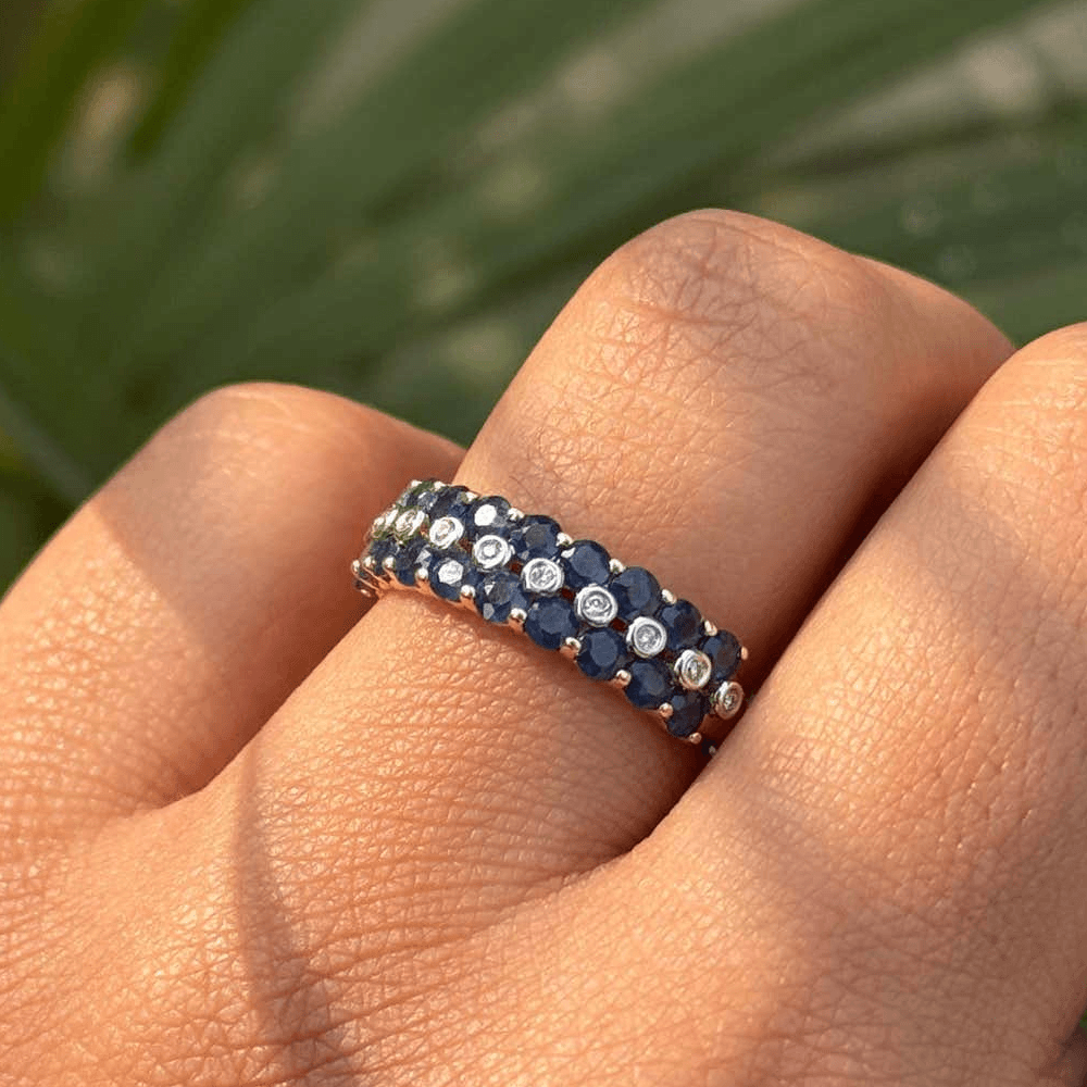 Vintage Triple Row Round Cut Blue & White Sapphire Half Eternity Wedding Band For Women