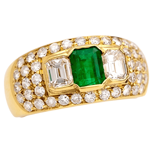 Three Stone Bezel Yellow Gold Emerald Cut Emerald  & White Sapphire Engagement Ring