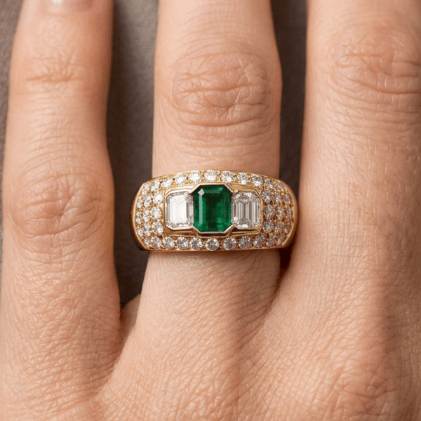 Three Stone Bezel Yellow Gold Emerald Cut Emerald  & White Sapphire Engagement Ring
