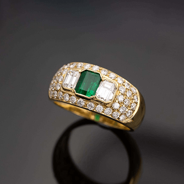 Three Stone Bezel Yellow Gold Emerald Cut Emerald  & White Sapphire Engagement Ring