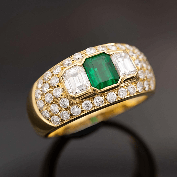 Three Stone Bezel Yellow Gold Emerald Cut Emerald  & White Sapphire Engagement Ring