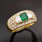 Three Stone Bezel Yellow Gold Emerald Cut Emerald  & White Sapphire Engagement Ring