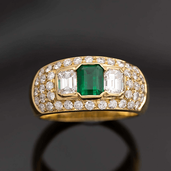 Three Stone Bezel Yellow Gold Emerald Cut Emerald  & White Sapphire Engagement Ring