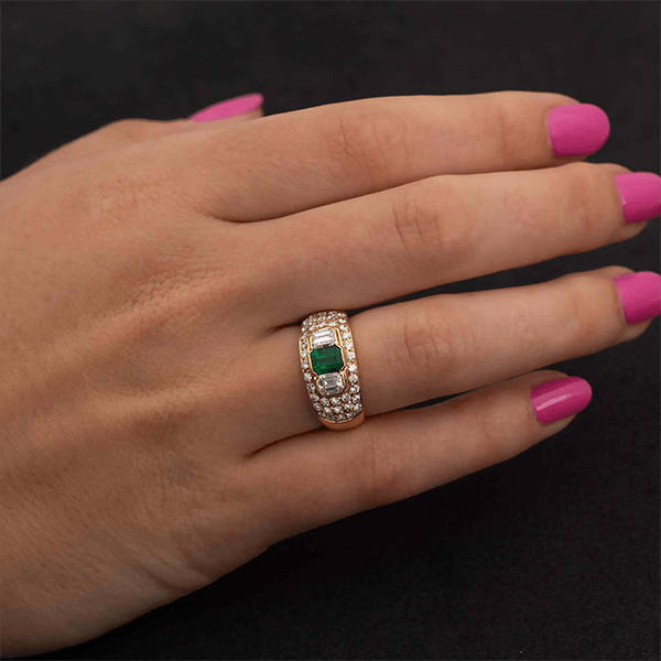 Three Stone Bezel Yellow Gold Emerald Cut Emerald  & White Sapphire Engagement Ring