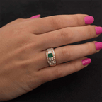 Three Stone Bezel Yellow Gold Emerald Cut Emerald  & White Sapphire Engagement Ring