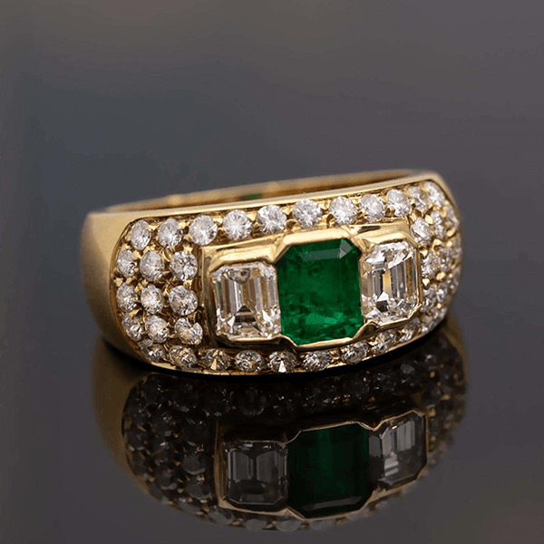 Three Stone Bezel Yellow Gold Emerald Cut Emerald  & White Sapphire Engagement Ring