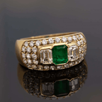 Three Stone Bezel Yellow Gold Emerald Cut Emerald  & White Sapphire Engagement Ring