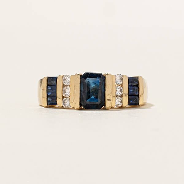 Channel Set Yellow Gold Emerald Cut Blue Sapphire Half Eternity Cocktail Ring For Women