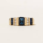 Channel Set Yellow Gold Emerald Cut Blue Sapphire Half Eternity Cocktail Ring For Women