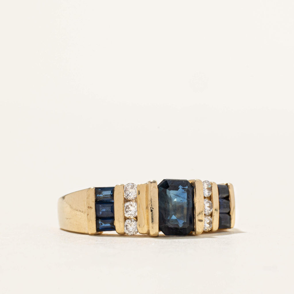 Channel Set Yellow Gold Emerald Cut Blue Sapphire Half Eternity Cocktail Ring For Women