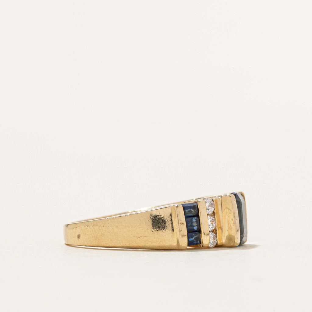 Channel Set Yellow Gold Emerald Cut Blue Sapphire Half Eternity Cocktail Ring For Women