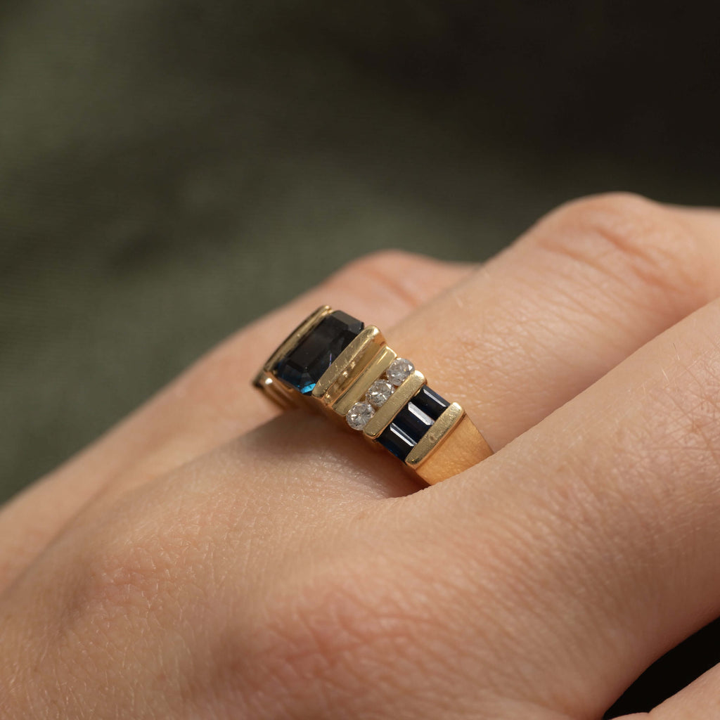 Channel Set Yellow Gold Emerald Cut Blue Sapphire Half Eternity Cocktail Ring For Women