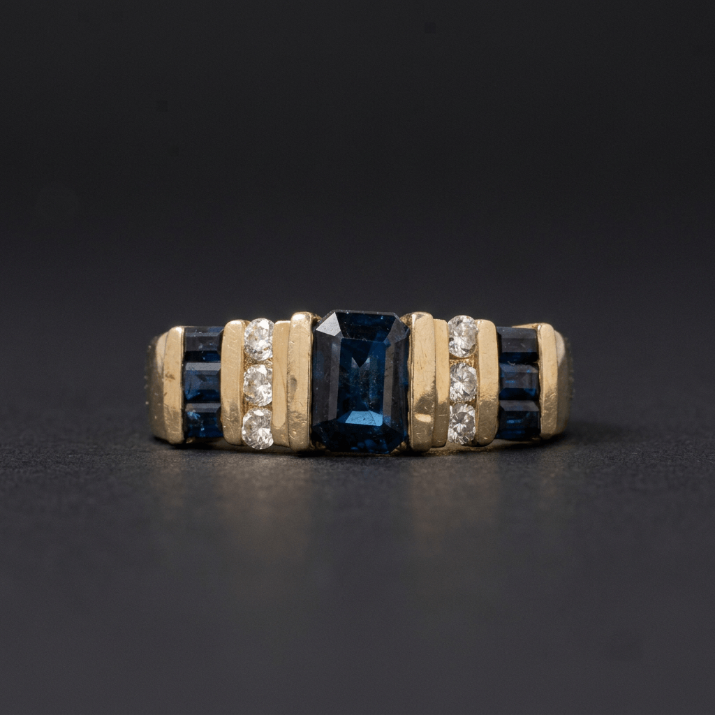 Channel Set Yellow Gold Emerald Cut Blue Sapphire Half Eternity Cocktail Ring For Women