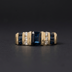 Channel Set Yellow Gold Emerald Cut Blue Sapphire Half Eternity Cocktail Ring For Women