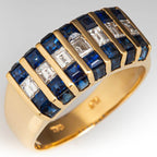 Channel Set Yellow Gold Baguette Cut Blue & White Sapphire Half Eternity Wedding Band For Women