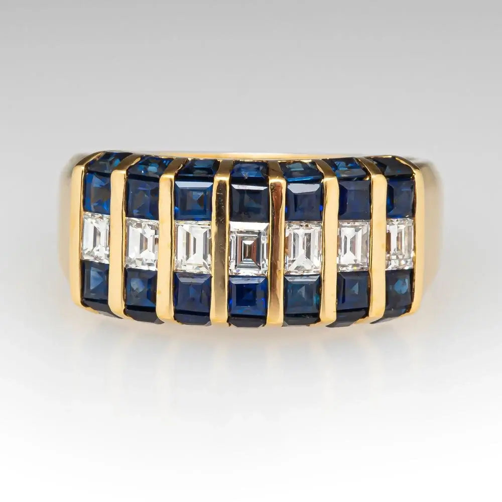 Channel Set Yellow Gold Baguette Cut Blue & White Sapphire Half Eternity Wedding Band For Women